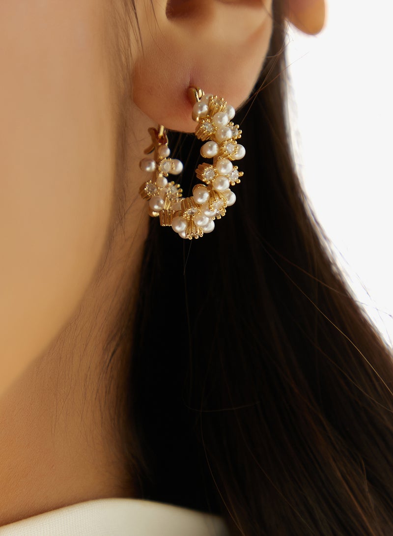Khizana Pearl And Rhinestone Detailed Gold Accent Small Hoop Earrings - Image 4
